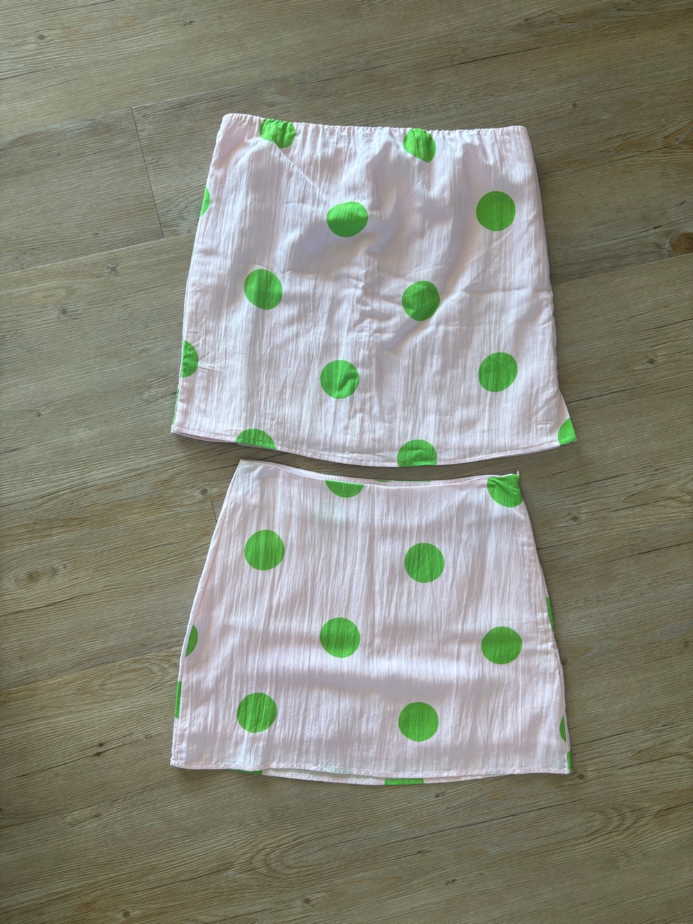 TCEC Light Pink Strapless Top and Matching Mini Skirt with Lime Green Polka Dots